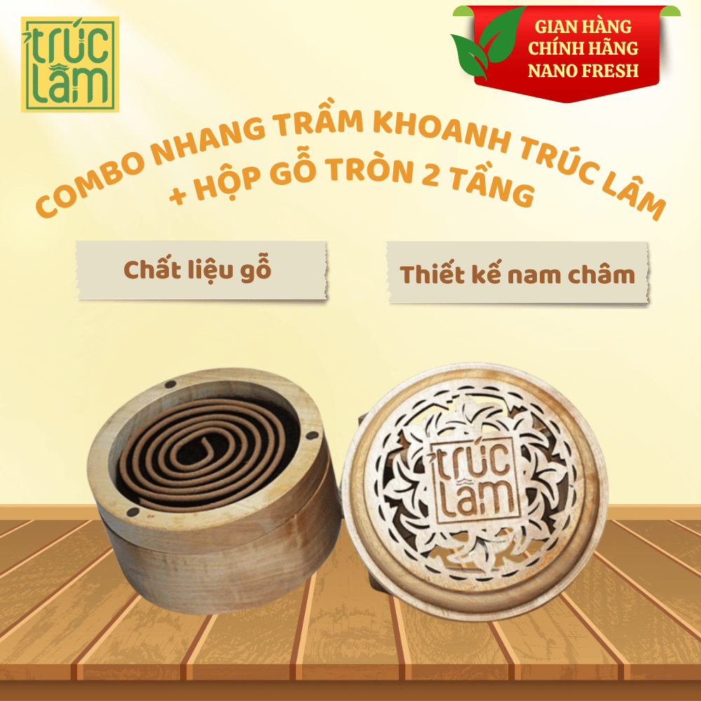 COMBO NHANG TRẦM KHOANH TRÚC LÂM + HỘP GỖ TRÒN 2 TẦNG